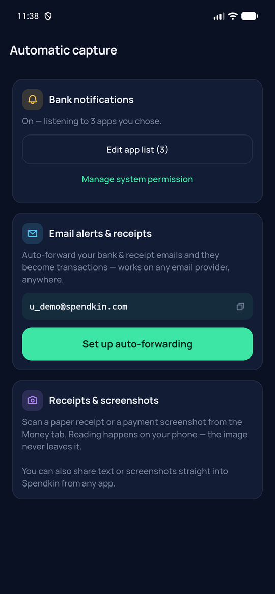 Spendkin automatic-capture setup, dark theme