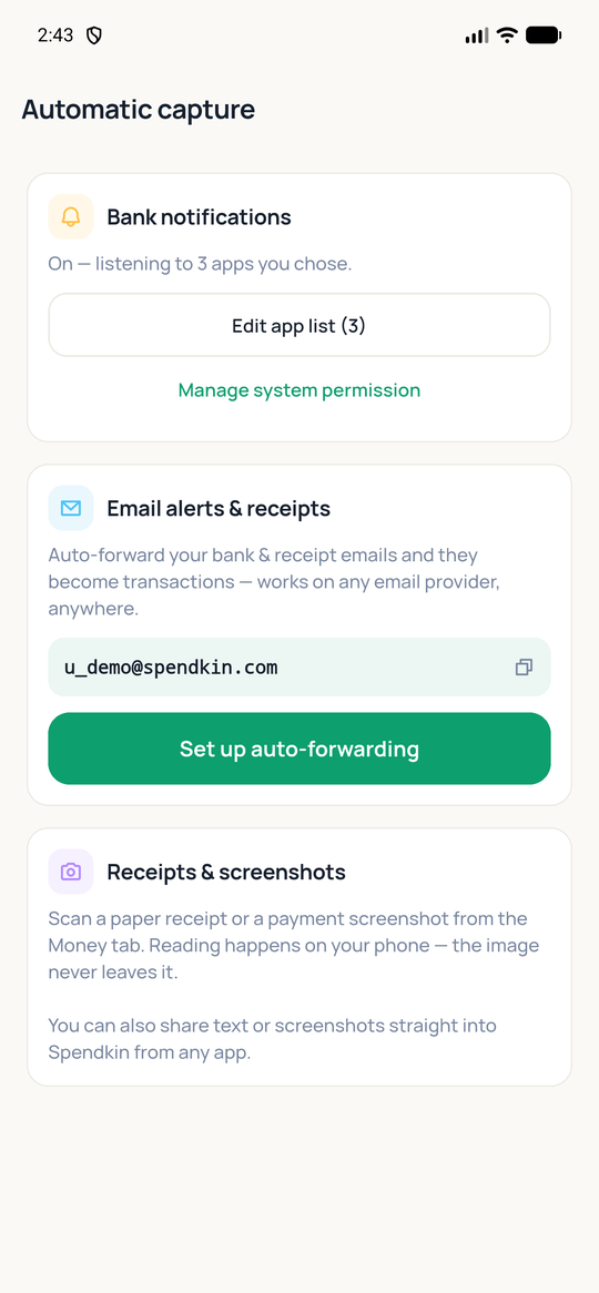 Spendkin automatic-capture setup, light theme