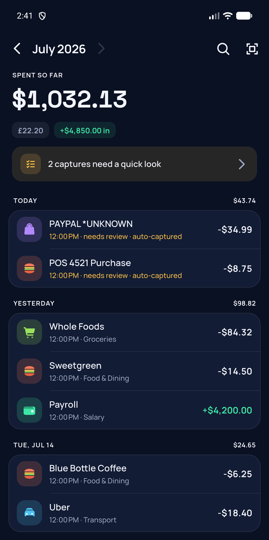 The Spendkin money screen — a month of transactions, auto-categorized