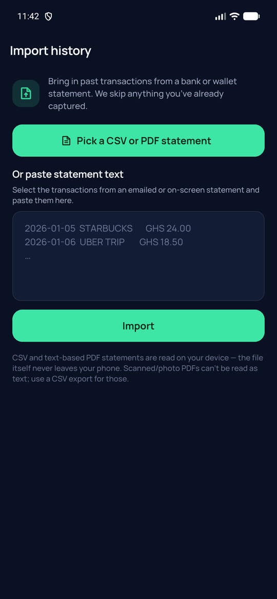 Spendkin statement import — CSV or PDF, with duplicates skipped