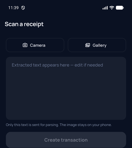 Spendkin receipt scanner — extracted text stays on your device
