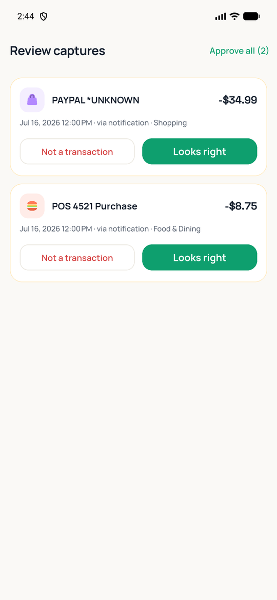 Spendkin review queue, light theme